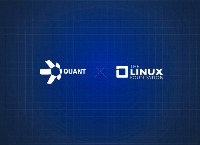 A blue grid background displays logos for "QUANT" and "THE LINUX FOUNDATION" separated by an "X", indicating a partnership or collaboration.