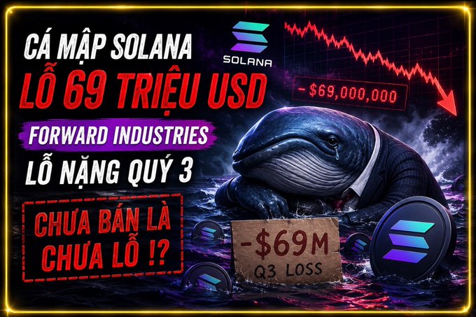 A graphic showing a Solana whale losing $69 million USD, with Forward Industries incurring Q3 losses, featuring an illustration of a crying whale wearing a tie surrounded by Solana coins and a downward trending chart.