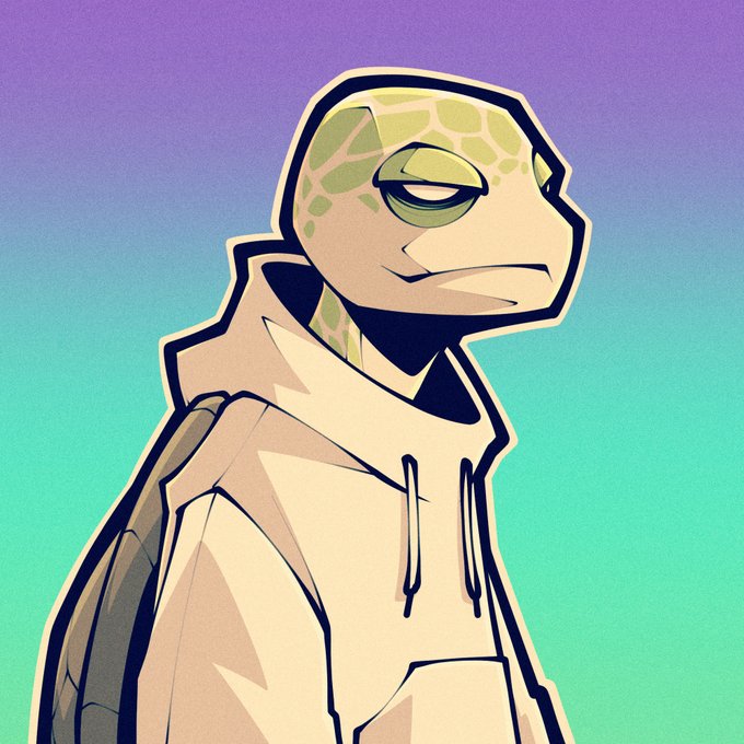 An anthropomorphic turtle with green patterned skin wears a cream-colored hoodie, set against a gradient purple-to-teal background. The reptilian character visually represents the "Solana" branding, evoking themes of slowness contrasted with the blockchain's name, which phonically resembles "slow" + "na."