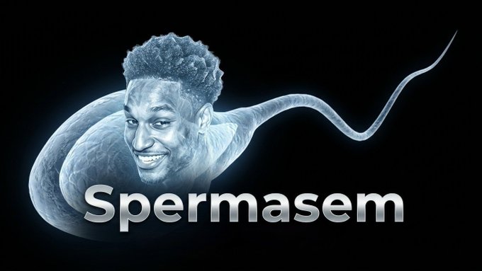 A photoshopped image shows a man's head superimposed onto a sperm cell with the text 'Spermasem' below.