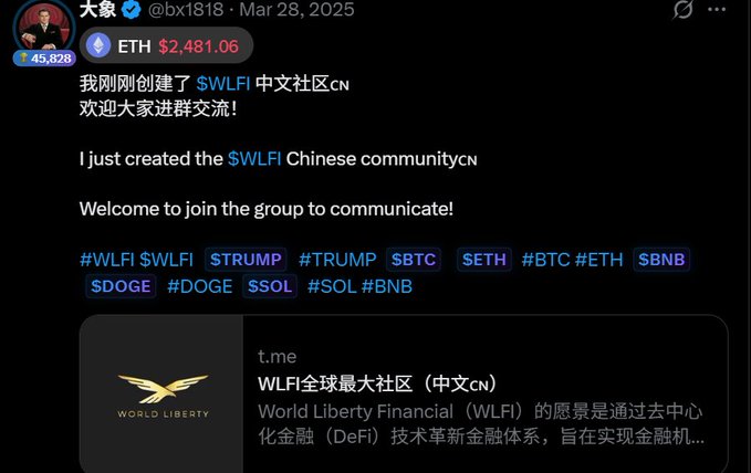 A Twitter/X post by "大象 (@bx1818)" dated March 28, 2025, promoting the $WLFI Chinese community, showing ETH at $2,481.06 with hashtags like #WLFI, #TRUMP, #BTC, #ETH, #DOGE, and #SOL.