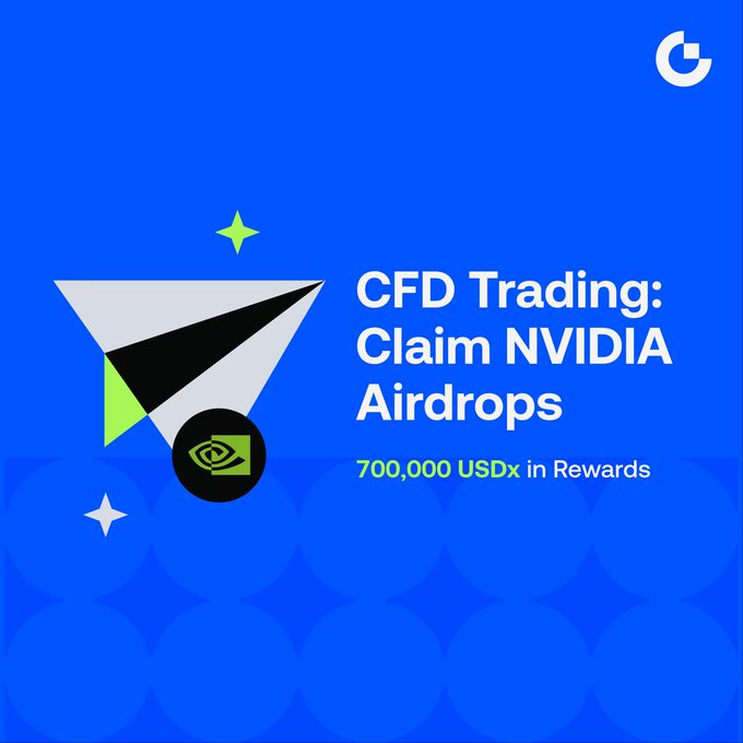 A Gate.io promotional graphic with a blue background features text reading "CFD Trading: Claim NVIDIA Airdrops" and "700,000 USDx in Rewards," alongside an NVIDIA logo, a paper plane graphic, and decorative star elements, advertising their CFD trading campaign where users can earn up to 5 NVIDIA airdrops from a 700,000 USDx reward pool.