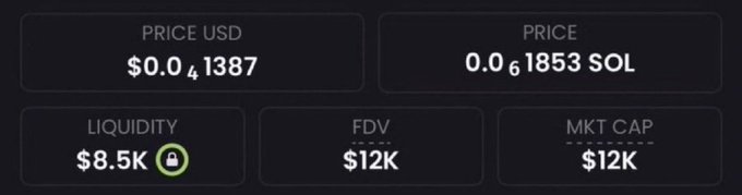 The image displays a cryptocurrency token dashboard showing a token with a price of $0.0₄1387 USD or 0.0₆1853 SOL, liquidity of $8.5K, and both FDV and market cap at $12K. The low liquidity and small market cap align with the post's promotion of a new micro-cap Solana token launch, suggesting it was shared as evidence of the token's early-stage entry point ahead of the promised "5000X runner."
