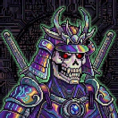 Pixel art of a skeletal samurai warrior in iridescent purple and green armor, wearing a horned helmet and wielding two katanas, with glowing red eyes.