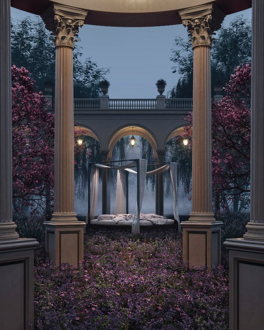 An elegant, classical-style outdoor patio features tall Corinthian columns framing a canopy bed with flowing white curtains, surrounded by blooming pink flowers and purple ground cover at twilight.