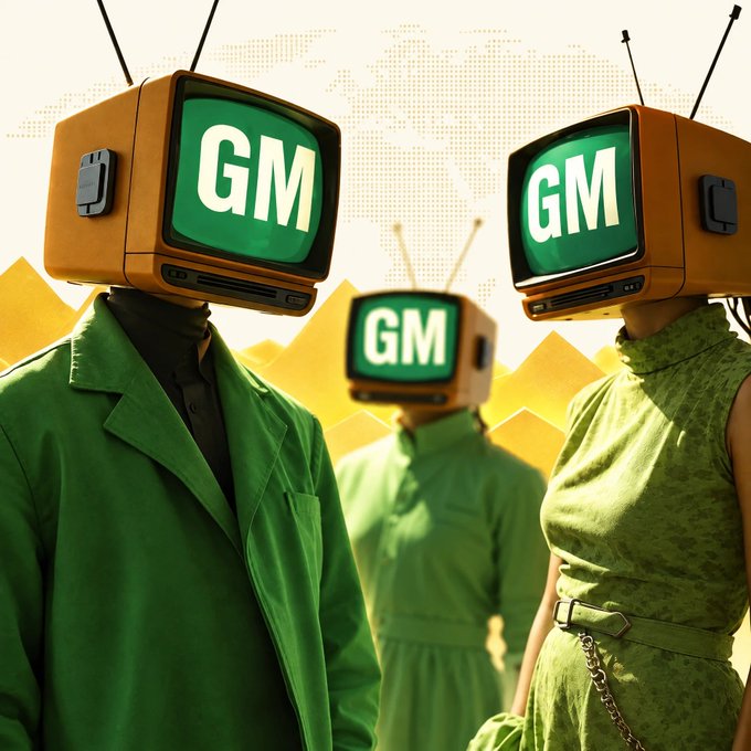 Three figures with retro television sets for heads display the "GM" logo on their green screens, dressed in matching green attire against a yellow background. The imagery playfully ties "Green Morning" to green-themed broadcasting, suggesting a positive or bullish outlook for General Motors.