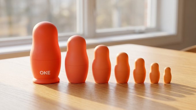 A row of orange matryoshka-like nesting figures decreases in size from left to right on a sunlit wooden table, with the largest one labeled "ONE." The image playfully visualizes the post's theme by showing how "ONE" multiplies into many through staking—mirroring the nesting concept where a single figure expands into progressively smaller versions, symbolizing rewards that grow from one initial stake.
