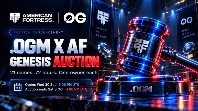 An auction announcement graphic for '.OGM x AF Genesis Auction' by American Fortress, advertising 21 names available over 72 hours, opening Wednesday, September 30 at 5:00 PM UTC and ending Saturday, October 3 at 4:00 PM UTC, featuring a gavel illustration.