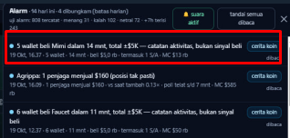 A screenshot of a website sidebar (with cryptocurrency listings in Indonesian 'dibaca' and 'cerita' text) where the entry '5 s wallet beli Mimí dalam 14 met, total +$5K — catatan aktivitas, bukan sinyal beli' is highlighted with a red box, tagged as 'surat semua dibaca'.