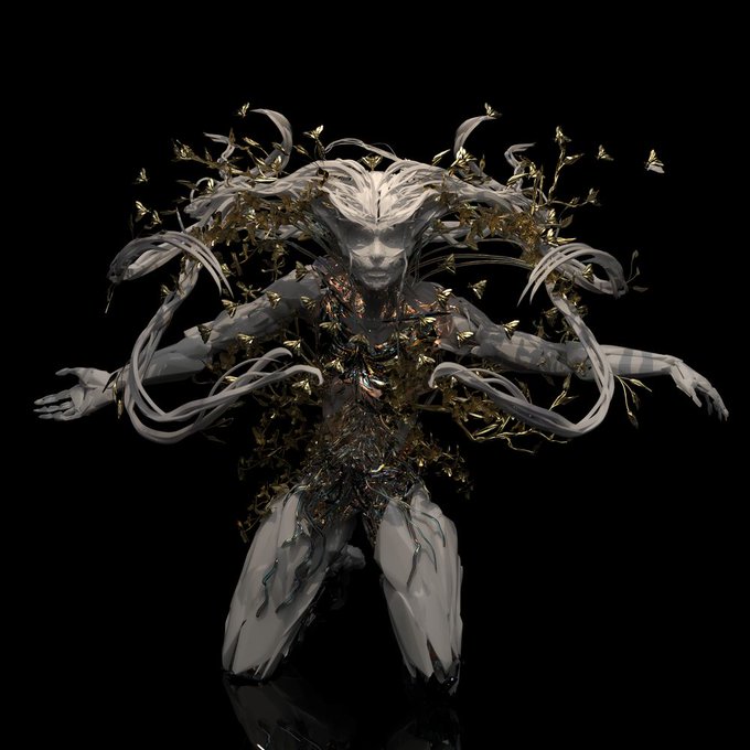 A 3D-rendered fantasy creature with a humanoid form, featuring pale white tendrils, multiple arms, and golden butterfly-like fragments floating around it against a black background.