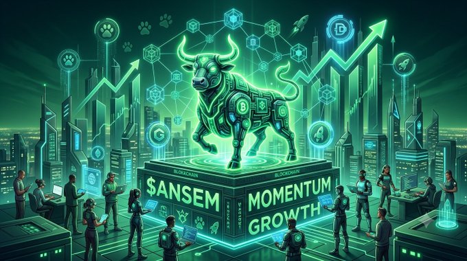 A vibrant green digital illustration featuring a holographic bull statue atop a glowing platform labeled '$ANSEM MOMENTUM GROWTH', surrounded by futuristic cityscapes, blockchain icons, and people using devices.
