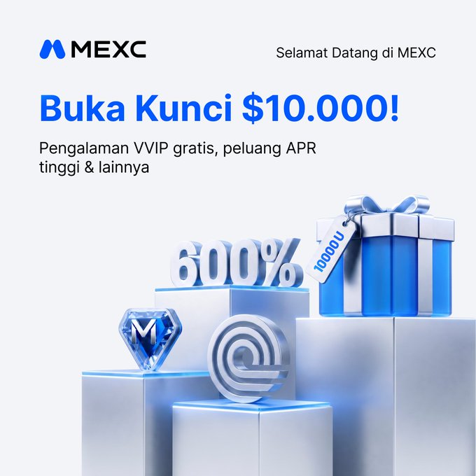 A promotional advertisement for MEXC exchange reading 'Buka Kunci $10.000!' (Unlock $10,000!), featuring a 600% APR offer and a blue gift box.