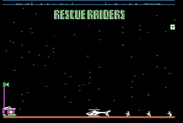 A retro Atari-style video game screen titled 'RESCUE RAIDERS' showing a helicopter and small figures on a dark starry background.