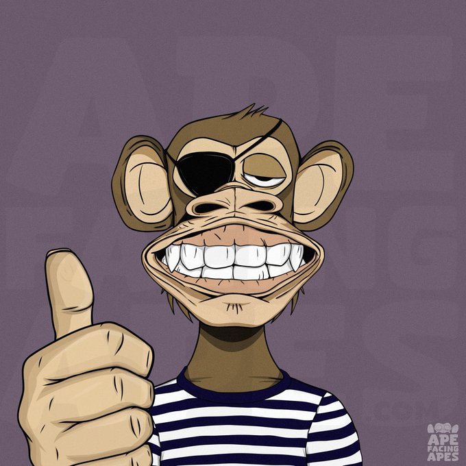 An 'Ape Facing Apes' illustration of a cartoon monkey with an eye patch and toothy grin wearing a striped shirt, giving a thumbs-up gesture.