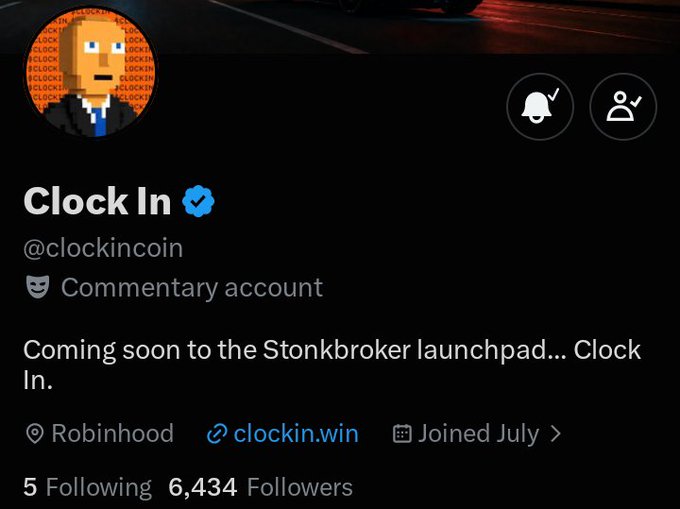 A Twitter profile screenshot for the verified "Clock In" account (@clockincoin), a commentary account with 6,434 followers based in Robinhood, hinting at an upcoming launch on the Stonkbroker launchpad with the link clockin.win. The accompanying post speculates a Tuesday 8pm EST launch while warning followers about scam tickers.
