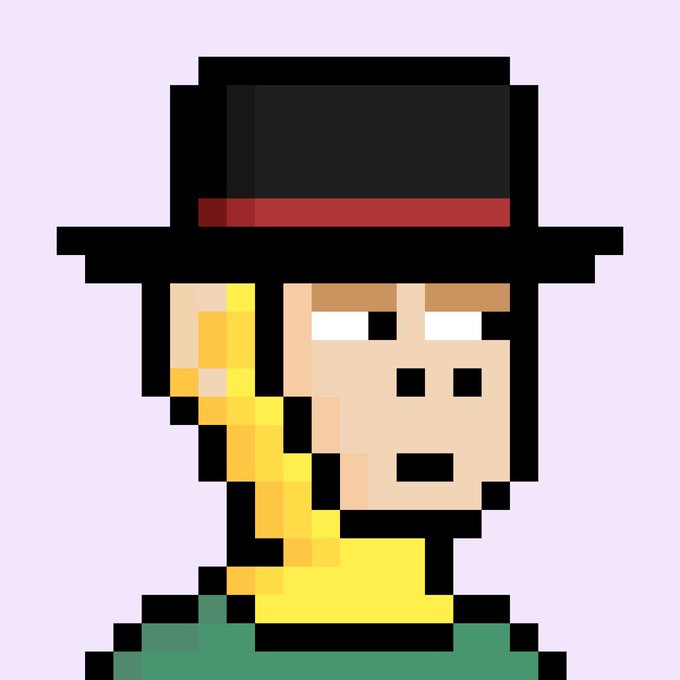 A pixel art character with blonde hair, a black and red hat, and a green shirt stands against a light purple background.