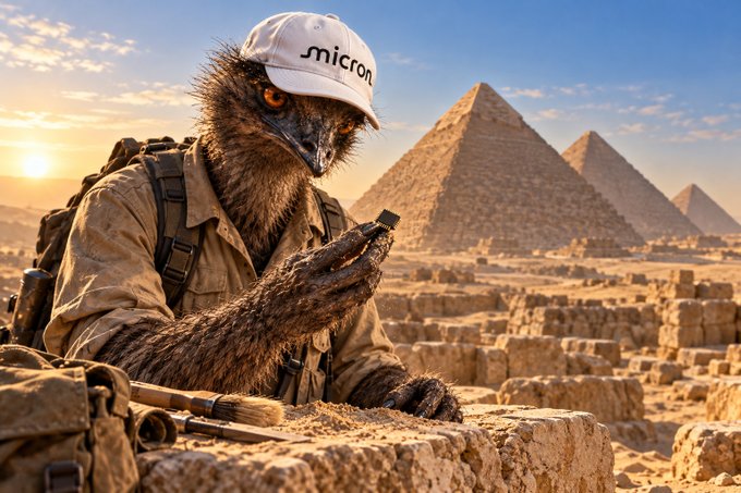 An anthropomorphic dinosaur wearing a white 'micron' cap and field gear examines a small object at an archaeological dig site with the Egyptian pyramids in the background.