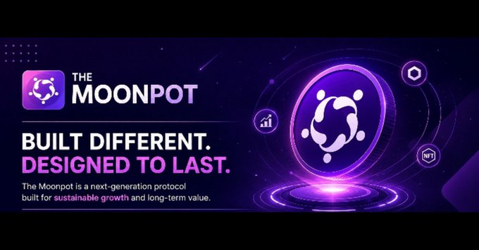 A purple-themed promotional banner for 'The Moonpot' protocol with the tagline 'Built Different. Designed to Last,' describing it as a next-generation protocol built for sustainable growth and long-term value.