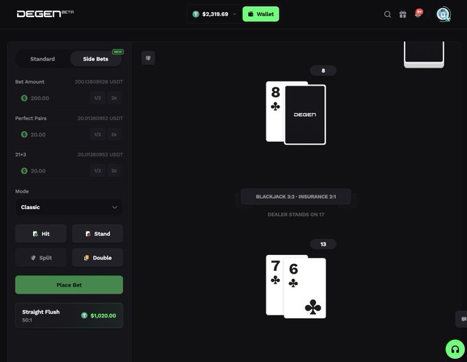 A screenshot of the DEGEN.BET blackjack game showing a player hand of 7 and 6 of clubs against a dealer showing an 8, with a successful "BLACKJACK 3:2 - INSURANCE 2:1" payout displayed and a Straight Flush bonus bet of $1,020 won, illustrating the big AI blackjack win being celebrated.