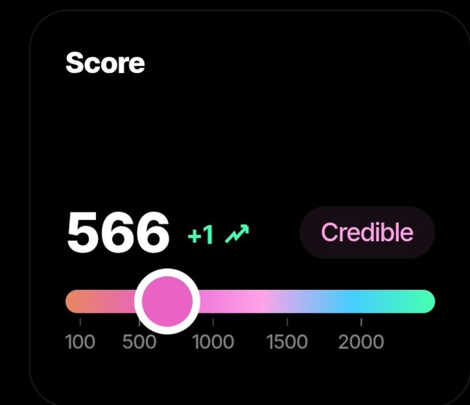 A dark score display shows a value of '566' with '+1' and a 'Credible' label, positioned on a gradient meter scale ranging from 100 to 2000.