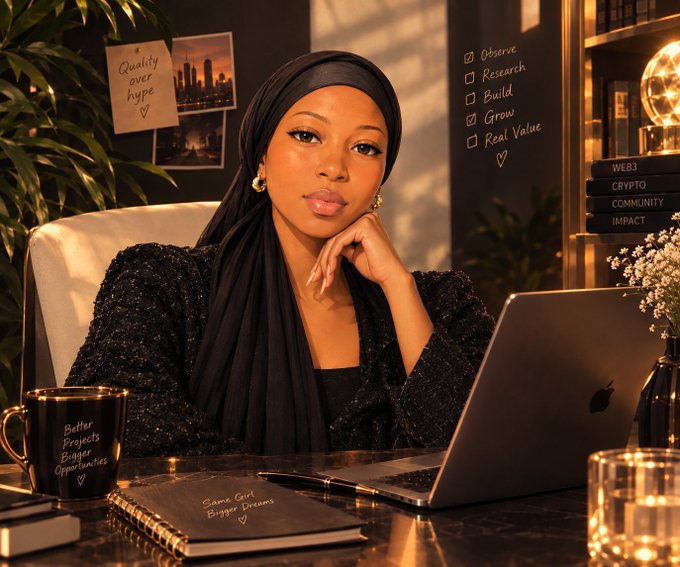 A woman in a black hijab sits at a desk with a laptop, surrounded by motivational notes including 'Quality over hype' and a checklist reading 'Observe, Research, Build, Grow, Real Value,' with books labeled 'WEB3, CRYPTO, COMMUNITY, IMPACT' on a shelf.