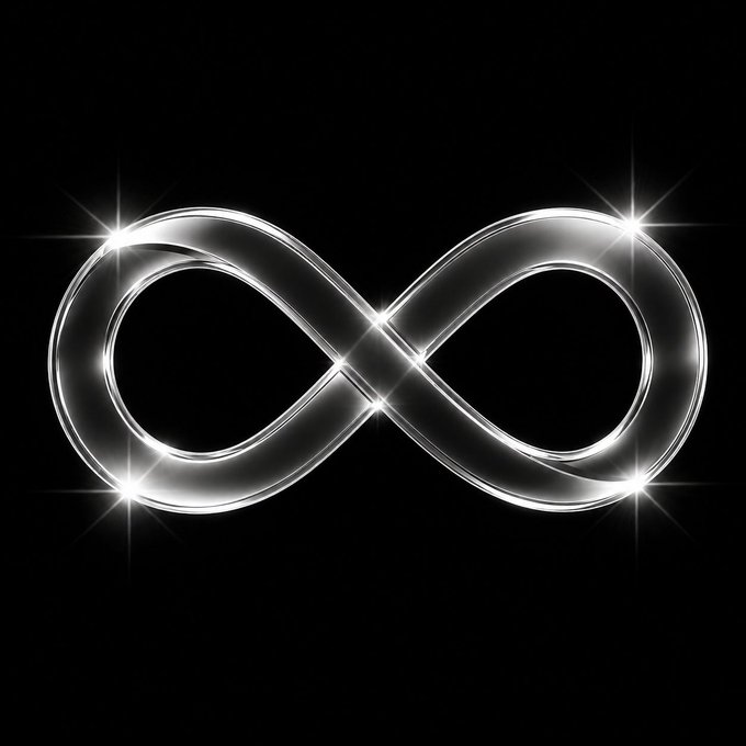 A glowing silver infinity symbol (∞) with sparkling light effects displayed against a solid black background.