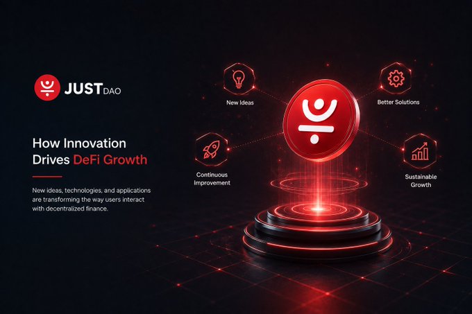 A promotional graphic for 'JUST DAO' titled 'How Innovation Drives DeFi Growth,' featuring a central red logo surrounded by icons labeled 'New Ideas,' 'Better Solutions,' 'Continuous Improvement,' and 'Sustainable Growth.'