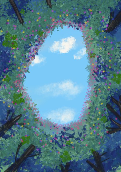 An animated illustration looking up through a frame of lush green foliage and colorful flowers at a bright blue sky with scattered white clouds.