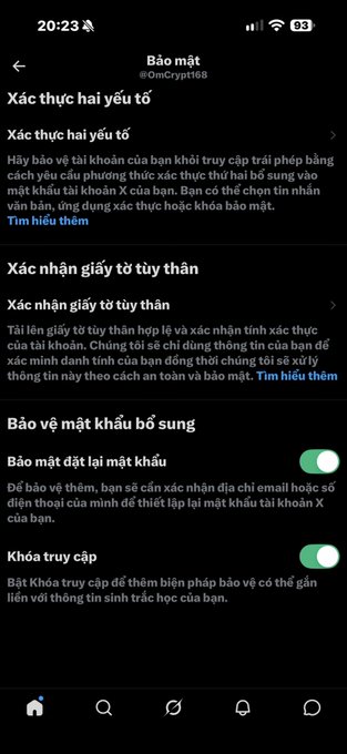 A Vietnamese-language Twitter/X security settings screen titled 'Bảo mật' (Security) showing two-factor authentication, identity verification, and password protection options.