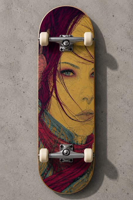 A skateboard deck resting on a concrete surface, featuring an illustration of a woman with pink/magenta hair and a yellow-toned face with red lips, with the trucks and white wheels attached.