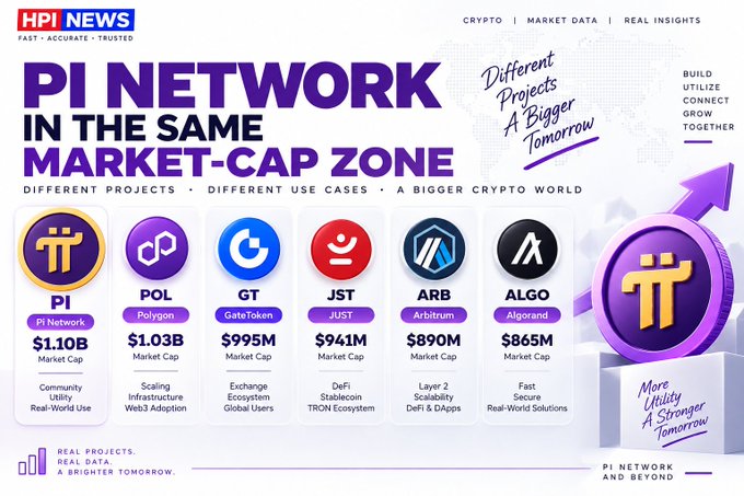 The image is an HPI News infographic titled "PI NETWORK IN THE SAME MARKET-CAP ZONE," comparing Pi Network's ~$1.10B market cap to other crypto projects: POL (Polygon) at $1.03B, GT (GateToken) at $995M, JST (JUST) at $961M, ARB (Arbitrum) at $890M, and ALGO (Algorand) at $865M. The graphic supports the accompanying post's claim that Pi is now competing in a similar valuation range as several established blockchain projects.