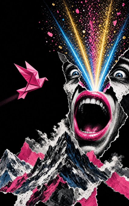 A surreal digital artwork depicts a screaming face emerging from a torn opening, with colorful laser-like beams shooting from the eyes alongside a pink origami bird against a black background.