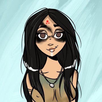 A stylized cartoon portrait depicts a young woman with long black hair, dark smudges under her eyes, a red bindi on her forehead, and a pendant necklace against a light blue background.