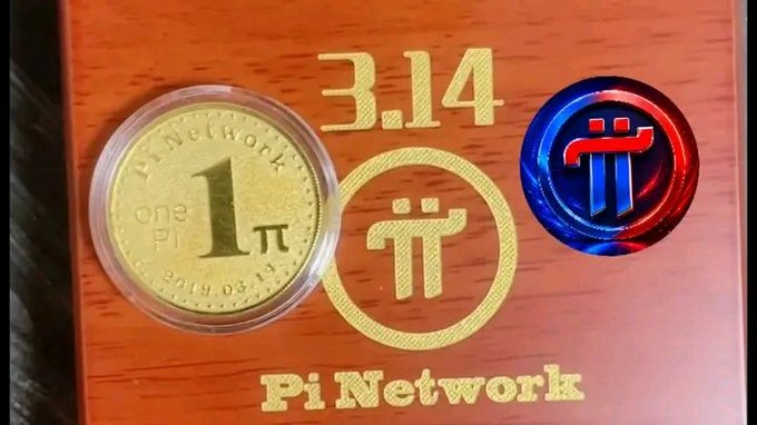 A commemorative gold Pi Network coin dated 2019.03.14 alongside a blue and red Pi cryptocurrency logo on a wooden surface, with '3.14' and 'Pi Network' engraved on the wood.
