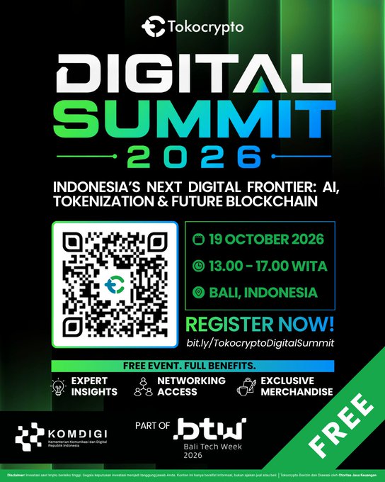 A promotional poster for the 'Tokocrypto Digital Summit 2026' taking place on 19 October 2026 in Bali, Indonesia, featuring a QR code, the theme 'INDONESIA'S NEXT DIGITAL FRONTIER: AI, TOKENIZATION & FUTURE BLOCKCHAIN', and KOMDIGI branding.