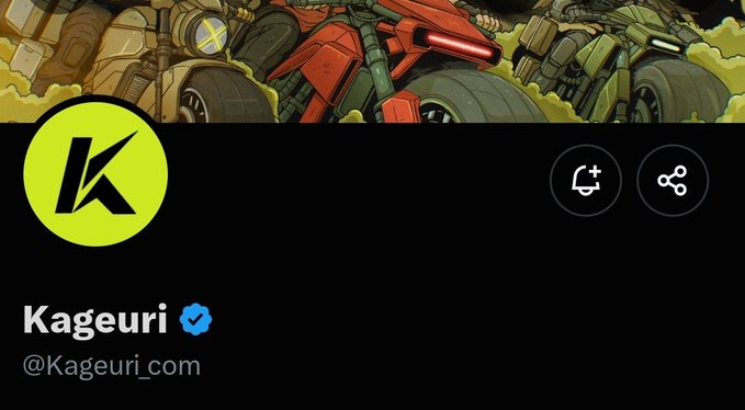 A Twitter/X profile page for 'Kageuri' with the handle @Kageuri_com and a verified blue checkmark, featuring a yellow circular logo with a stylized 'K' and a banner showing mecha/robot artwork.