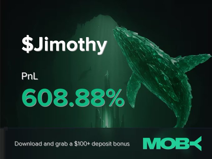 The image shows a promotional graphic for Moby featuring a green whale in the ocean with text displaying "$Jimothy" with a "PnL 608.88%". The graphic celebrates a trader's winning position on the $Jimothy token, with a call-to-action at the bottom offering "$100+ deposit bonus" and the Moby logo, visually reinforcing the successful trade mentioned in the post.