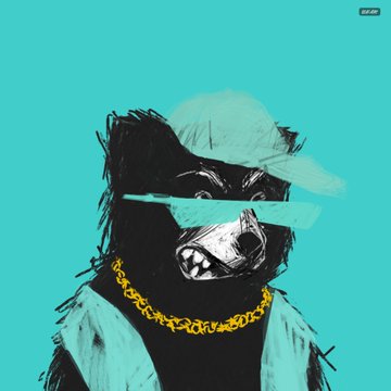 A stylized illustration of a snarling black dog wearing a teal cap and gold chain, with its eyes obscured by teal brushstrokes against a bright turquoise background.