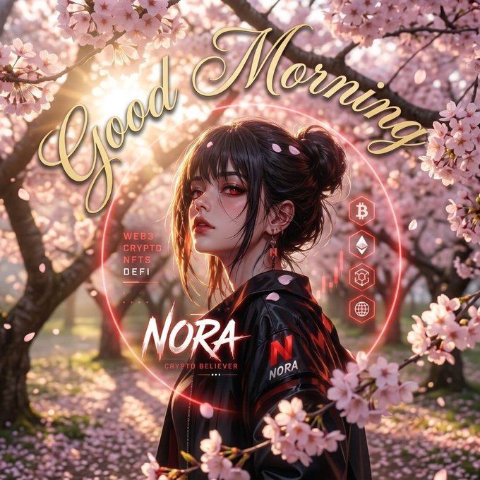 An anime-style illustration of a woman with dark hair labeled 'NORA - CRYPTO BELIEVER' against cherry blossoms, with 'Good Morning' text and crypto/web3 tags.