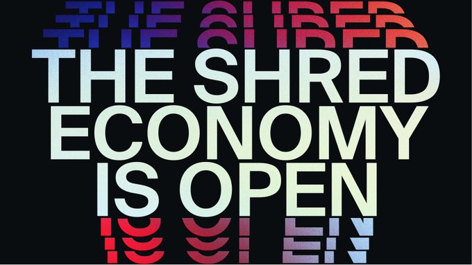 The image features a poster with the text "The shredded economy is open" written in white letters against a black background, surrounded by red and blue shapes that create an abstract design. The poster also includes a link to a social media account called @Solana, which encourages users to participate in the campaign by sharing their data and contributing to the cause.