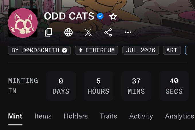 The image shows a countdown timer on a NFT project page for "ODD CATS" by D00DSONETH on the Ethereum blockchain, with 0 days, 5 hours, 37 minutes, and 40 seconds until minting opens in July 2026. The caption aligns with the post's call for users to choose between minting "Odd Cats" or "Lucid," highlighting the urgency of the ticking clock on this verified NFT drop.