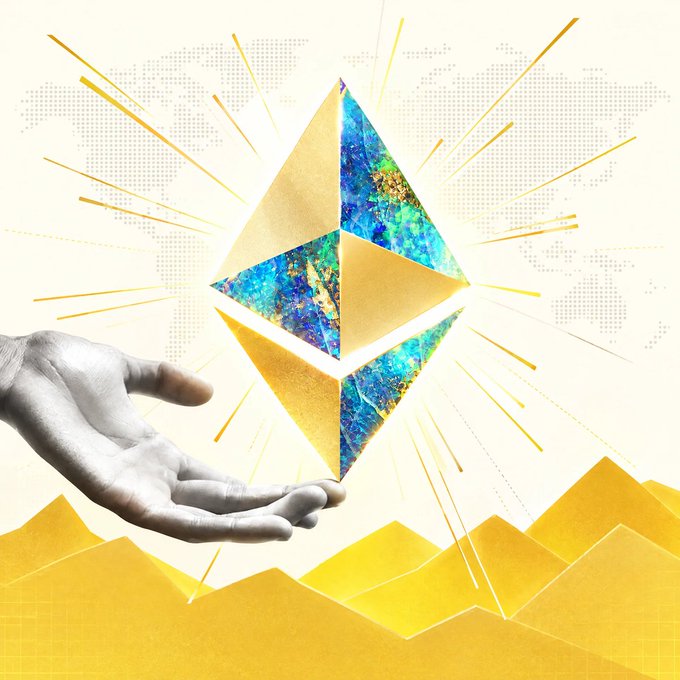 A digital illustration depicts a hand holding a glowing, golden Ethereum logo with a colorful galaxy texture, set against a world map background.