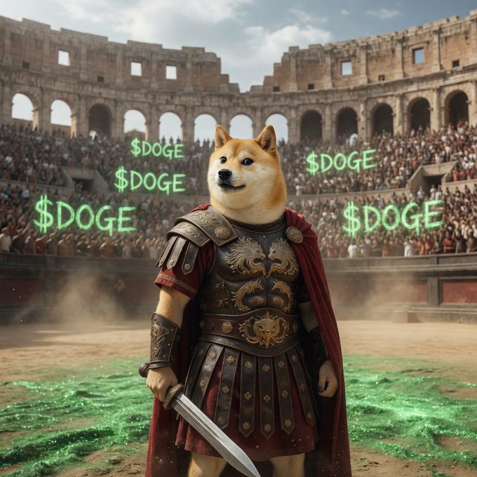 A Shiba Inu dog dressed as a Roman gladiator stands triumphantly in a crowded Colosseum arena, surrounded by glowing green "$DOGE" text floating in the air. The image directly reflects the post's theme, depicting the Doge meme as a victorious warrior demanding the audience's admiration in the spirit of "are you not entertained? victory belongs to $DOGE."