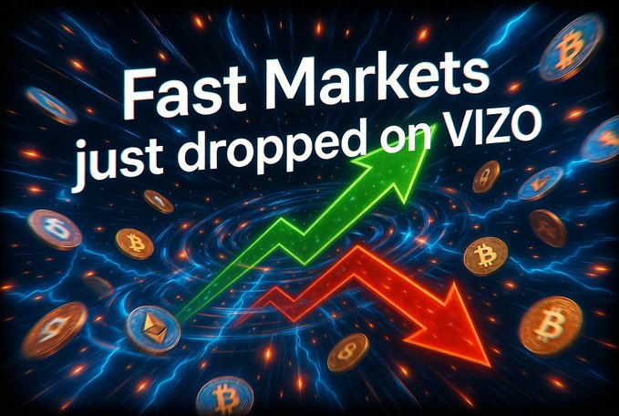 Promotional graphic with the text 'Fast Markets just dropped on VIZO,' featuring Bitcoin logos against a blue energy background with a green up arrow and red down arrow.