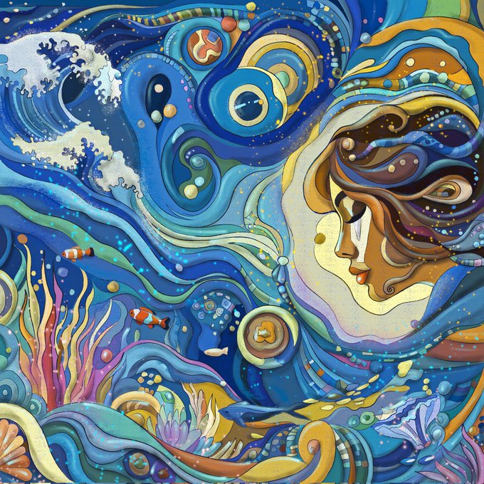 The image features an abstract painting of a woman's face with long hair, surrounded by blue ocean waves and fish. The background includes various elements such as flowers, shells, and other objects that contribute to the overall composition. The artist has used a variety of colors and shapes to create this piece, which is likely meant to evoke emotions or thoughts related to the post shared on social media.

The image also contains text that reads "Hello hello everyone New Dropon Objkt The ocean is inside Silence, ocean, immersion. Take a deep breath before diving into your own thoughts." This message seems to be related to the painting and could be interpreted as encouraging viewers to take a moment for themselves amidst the chaos of daily life or social media.