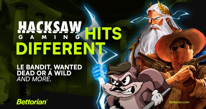 A promotional banner for 'HACKSAW GAMING' features text 'HITS DIFFERENT' and 'LE BANDIT, WANTED DEAD OR A WILD AND MORE' alongside cartoon characters, branded with 'Bettorian'.