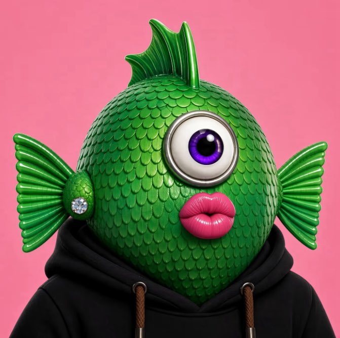 A whimsical 3D illustration of a green fish-like creature with one large eye, pink lips, and fins, wearing a black hoodie against a pink background.