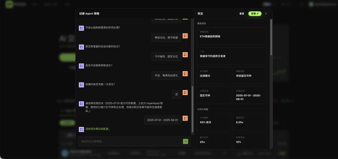 A screenshot of a Chinese-language AI agent strategy interface showing portfolio backtesting configuration with a 47% drawdown alert and 50% leverage settings.