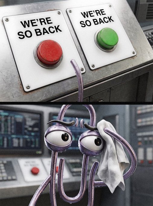 A two-panel humorous image showing 'We're So Back' buttons with a red and a green button on top, and the bottom panel showing purple paperclip characters with eyes and a towel looking tired in a control room.