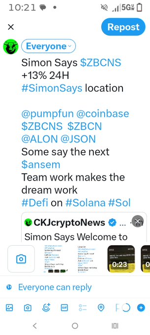 A mobile screenshot of a "Repost" interface showing a post by Simon Says promoting $ZBCNS with a +13% 24H gain, tagging @pumpfun, @coinbase, @ALON, and @JSON while featuring CKJcryptoNews content. The caption "Today it's the best $ZBCNS POST CHALLENGE" relates to the image, which appears to be an example entry for a $ZBCNS reposting contest.